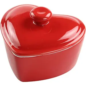 Heart-Shaped Ceramic Dessert Bowl with Lid 5 OZ Red Baking Rice Bowl