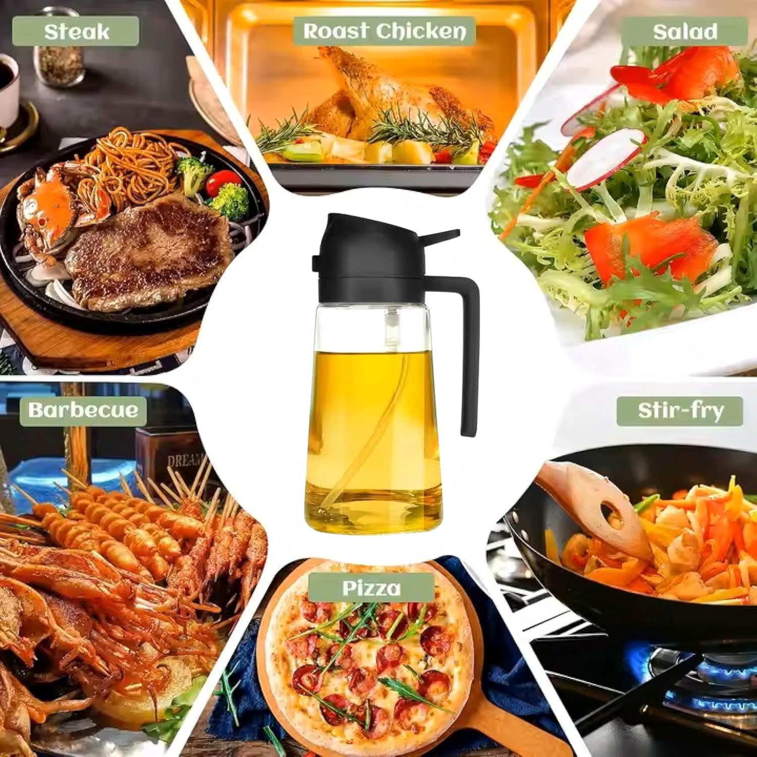 3 Piece Glass Oil Bottle Set Spray Pour Dual Function Gravity Auto Open Close Drip Proof Oil Proof 3D Wide Angle Spray Precise Control White Black Green Kitchen Tools