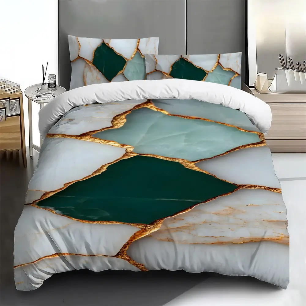 Three-piece bedding set - 2pcs/3pcs 2D Flat white, green and gold crackle pattern duvet cover set (1 duvet cover + 1/2 pillowcases, no insert), multi-color printed bedding set, soft and comfortable, suitable for family bedrooms and guest rooms.
