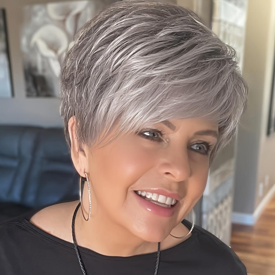 Women's Grey Glueless Pixie Cut Human Hair Wig, 180% Density Brazilian Hair, Short Straight Rose Net Cap, Natural Look Heat Stylable for Daily & Party Wear