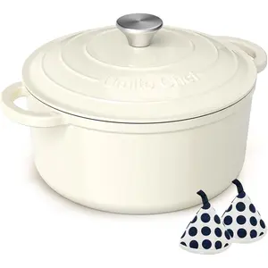 Enameled Cast Iron Dutch Oven - Umite Chef 5QT Pot with Lid & Cotton Potholders - Heavy-Duty Cookware for Bread Baking, Braising, Stews, Roasting(Cream White)