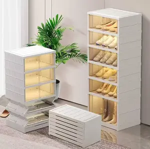 Foldable Shoe Rack Organize 6 Tier Plastic Shoe Shelf, 12 Pairs Collapsible Shoes Storage Bins, Large Folding Shoe Boxes for Closet with Doors, Stackable Storage Shoe Cabinet