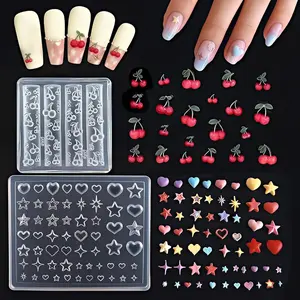Wokoto 2 Pcs 3D Nail Art Silicone Molds, DIY Nail Charms Kits, Stars Hearts Cherry Designs, Manicure Embossed Stencils for Nails