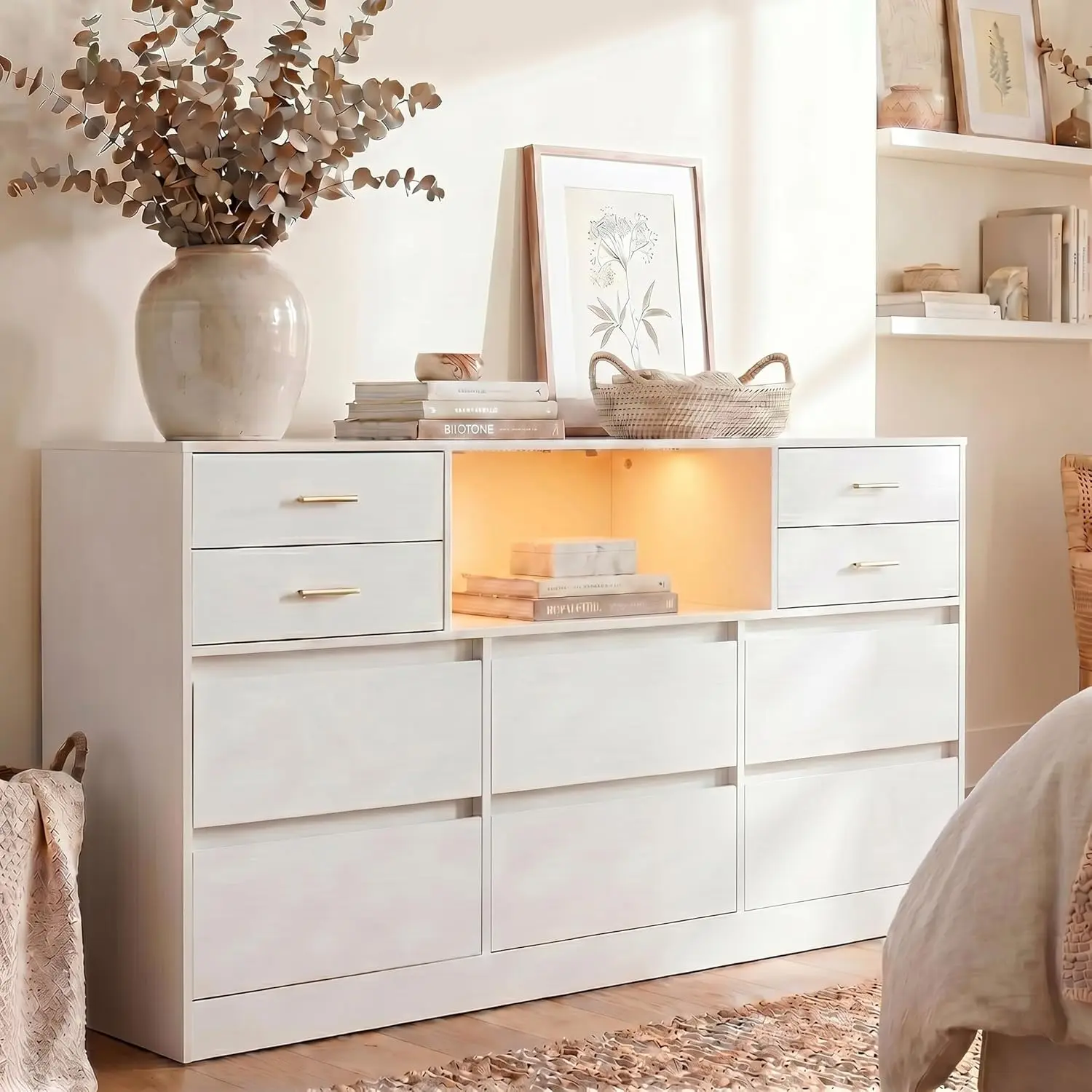 Gyfimoie 10 Drawer Dresser for Bedroom, Farmhouse Dresser TV Stand with Power Outlet & LED Lights, 58" Long Modern Diaper Changing Table Dressers, Chest of Drawers for Closet with Open Storage