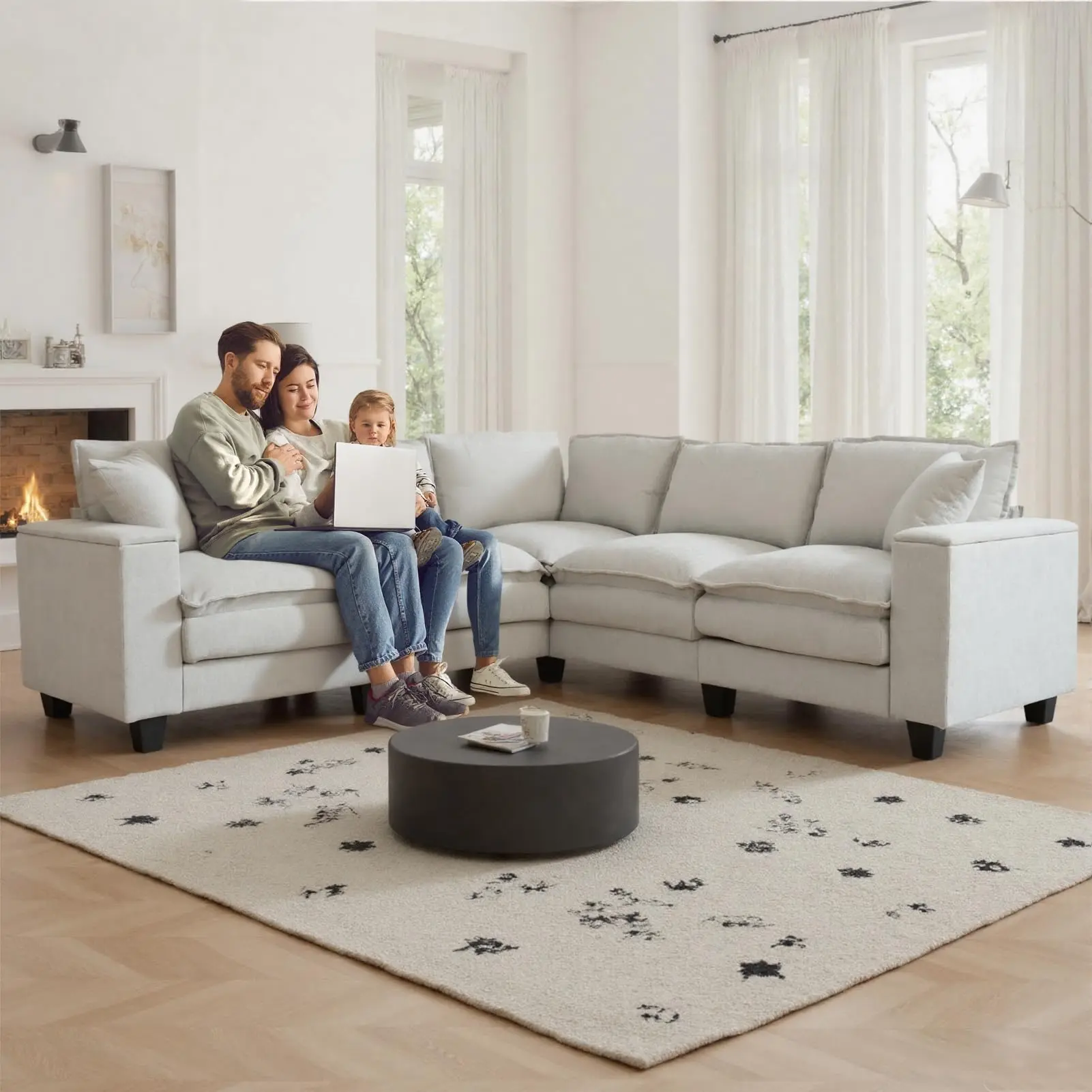 97" Sturdy 5-Seater L-Shaped Corner Upholstered Couch - Oversized Chenille Fabric Couch with Cotton Pillows, 2 Hidden Storage Organizer Spaces, Armrests, Modular for Living Room (Dark)