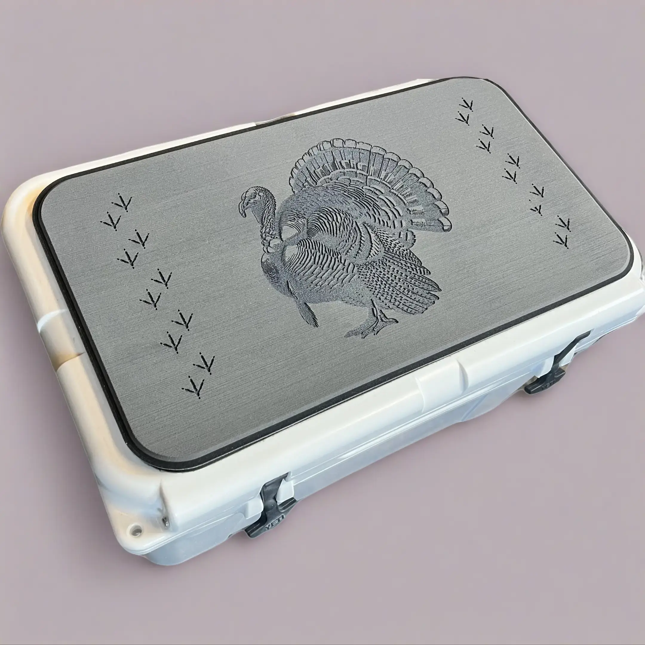 YETI Cooler Pad with Strutting Gobbler and Turkey Tracks Logo - Top fits YETI Tundra, Roadie, Haul, & Wheeled Cooler Lid - Dark Grey/Black Mat - Easy Peel and Stick Application - 3M Adhesive - Ice Box Camping Supplies