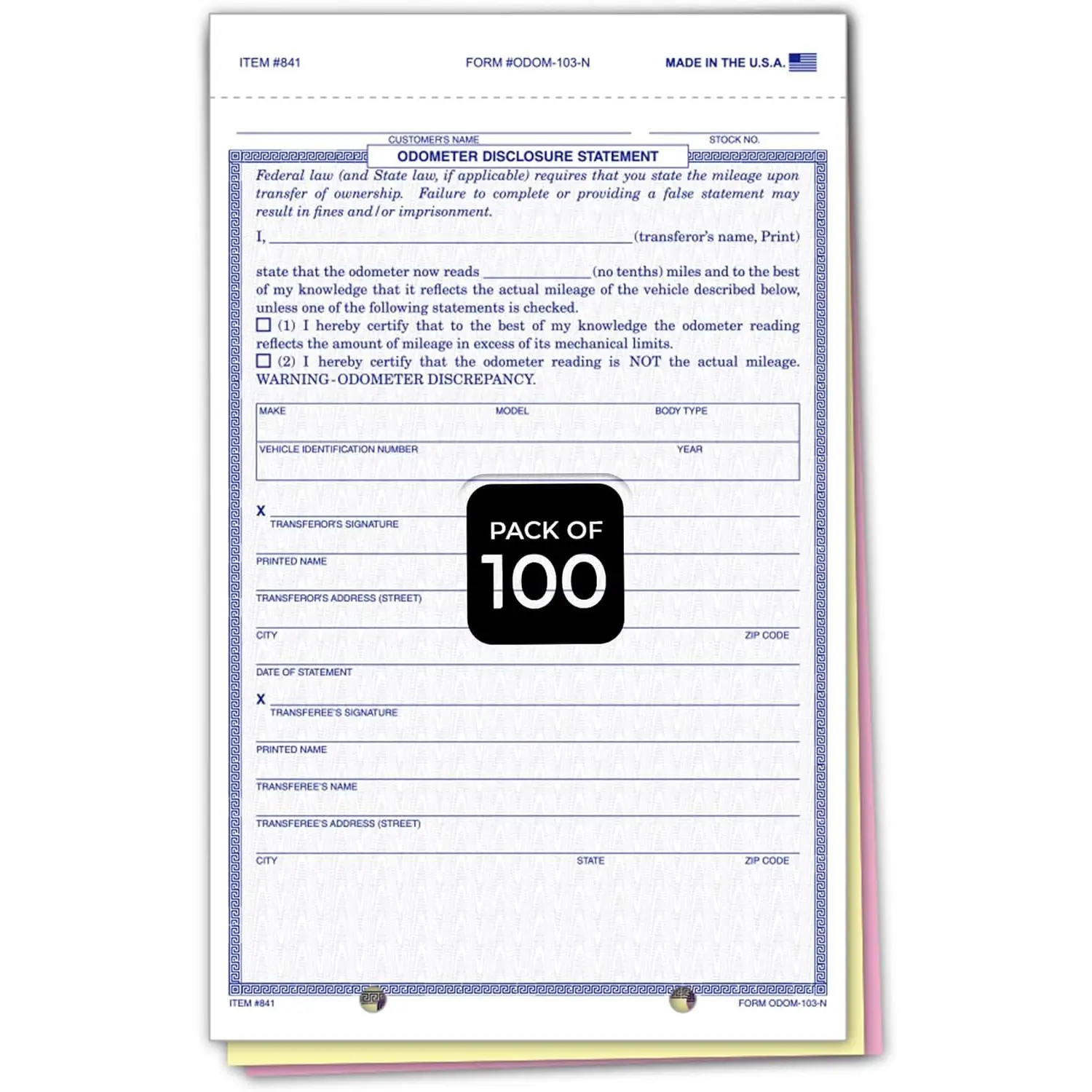 Odometer Disclosure Statement Forms - 3-Part Carbonless Snap-Out Mileage Report Forms, Blue Screen Vehicle Odometer Forms, 5-2/3" x 9-1/8", White/Canary/Pink Copies with 2 File Holes for Easy Posting - Pack of 100