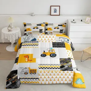 Feelyou Cartoon Cars & Excavator Pattern Construction Comforter Set, Breathable Quilt Bedding Set with Equipment Trucks & Yellow Plaid Grid Design