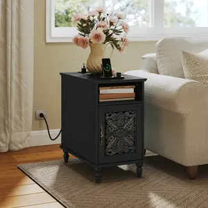 This bedside table/side table features a charging station and USB port, a hand-carved wooden door, a bohemian style, and is a slim side table suitable for living rooms, bedrooms, and small spaces. It is easy to assemble. Modern Night Stand summerwins