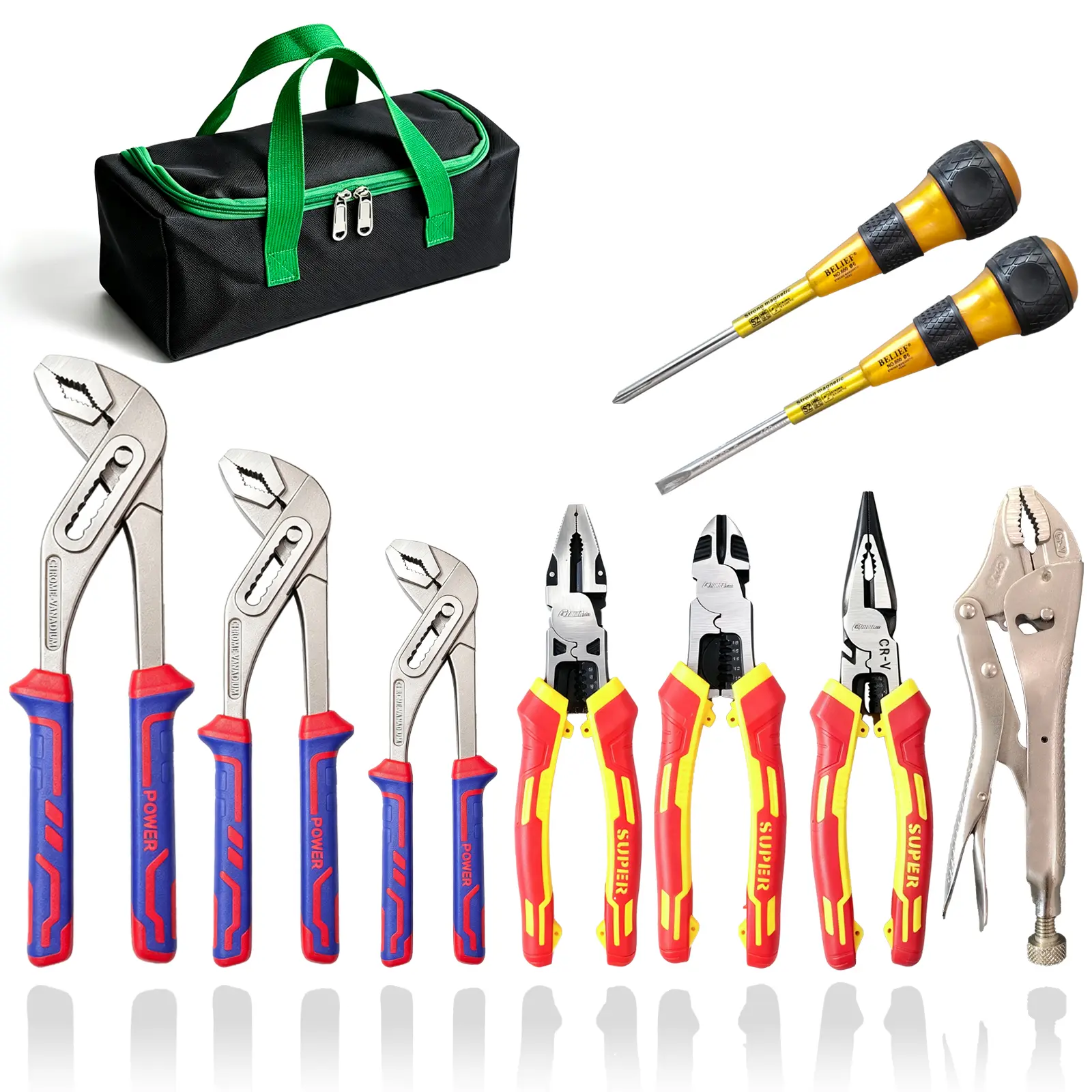 10-Piece Hand Tool Set with 3-Size Inches Water Pump Pliers, Long Nose, Diagonal, Lineman, Locking Jaws Pliers, 2 Screwdrivers & Carrying Bag for Plumbing Fix, Electrical Repairs