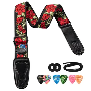 LEKATO LGS-6 Flower Bass Strap Flower Guitar Strap, for Bass Electric & Acoustic Guitar 2" Wide Guitar Straps, with Leather Ends, Artistic Woven Guitar Straps, with Pick Holder 2 Safty Strap Locks & 6 Picks, Back to School