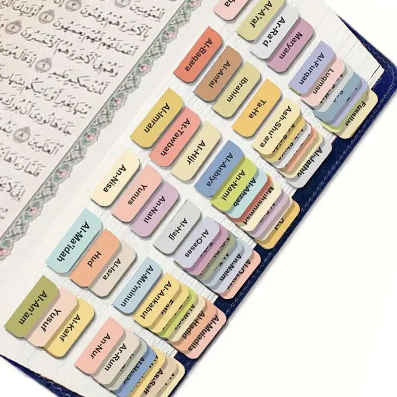 Quran Index Tabs, 120pcs/set Including 114 Chapters & 6 Blank Self-adhesive Quran Tabs, Tear-resistant Print Tabs for Easy Quran Navigation, Sticky Index Tabs, Book Accessories