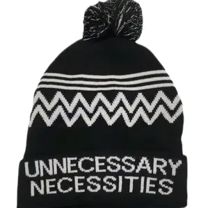 Black and White Fleece Lined Beanie with Puff Ball - Winter Hat for all genders