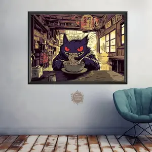 [Unframed Poster] Gengar Eating Ramen Landscape - Japanese Style Art Print