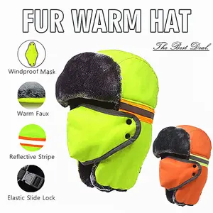 Hi Vis Reflective Winter Outdoor Trapper Safety Hat Earflap Thermal Fur Skiing Caps Worm