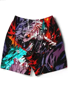 Anime Beach Shorts for Men Quick-Dry Skin-Friendly Fabric Classic Full Print Design Blue Green Gradient Relaxed Fit Ideal for Swimming Vacation Anime Expo Party Street Outing Casual Wear Plus Size Menswear Tropical