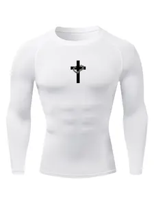 Men's Thorn Cross Graphic Print Long Sleeve Compression Shirt, Gym Workout Fitness Training Running Tight-Fit T-Shirt, Athletic Quick-Dry Stretchy Baselayers Undershirts Top, Spring & Fall Sportswear Activewear, Athletic Sports Clothing