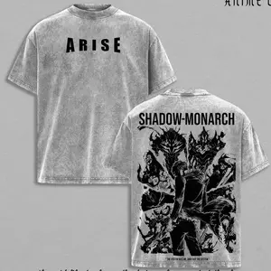 Men's Classic Oversized Cotton Seamless Arise Sung Jinwoo Shirt - Solo Leveling Shadow Monarch Washed Anime Graphic Apparel, Beru Igris Tank Tusk Iron Bellion Kamish Greed Kaisel HVU Dark Fantasy Manga Top