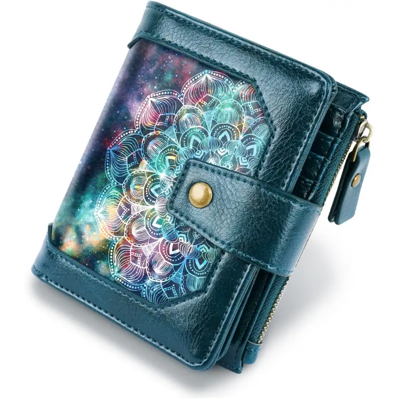 Women Leather Wallet RFID Blocking Small Bifold Zipper Pocket Wallet Card Case Purse with ID Window,Mandala Nebula