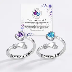 NBR18 2pcs Blue&Purple Red&Green Heart Hug Ring Set : Adjustable CZ Open Bands with "I Love You Always" Engraving, Hypoallergenic Gift for Women Couples or Best Friends, Includes Inspirational Card Gift Box and Greeting Card Birthday Graduation Gift