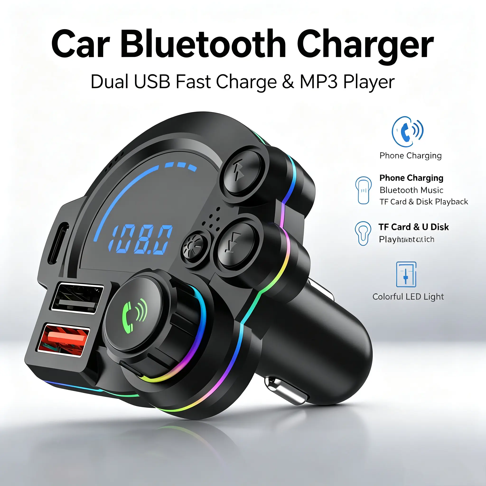 PD 30W Type-C Car Charger & Bluetooth 5.3 FMTransmitter, Wireless MP3 Player with Dual USBPorts, Bass Sound Enhancer, RGB Glowing RadioAdapter, Hands-Free Calls, Car Accessories &Road Trip Essentials