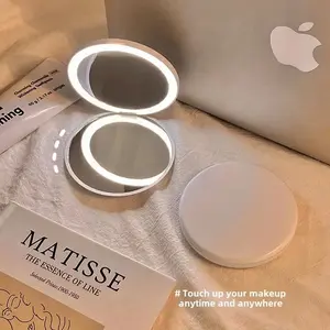 Makeup mirror portable portable small mirror with light led makeup mirror pocket mini handheld luminous folding round mirror Cosmetics Pink