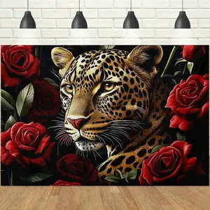 1pc, 2d, Leopard and Rose Art Backdrop, Cool Cheetah Red Rose Dark Aesthetic Design, Wild Animal Floral Banner, Perfect for Themed Party, Room Decor, Live Stream Background