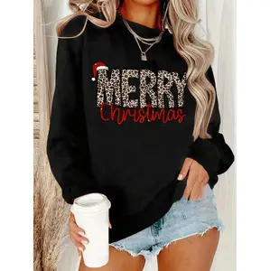 Black Leopard Print Merry Christmas Sweatshirt For Women Cozy Round Neck Long Sleeve Pullover Winter Holiday Top Casual Outfit Festive Party Wear