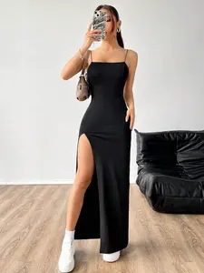 Women's Solid Backless Split Thigh Spaghetti Strap Cami Dress, Elegant Sleeveless Long Dress for Party Club Dating Wear, Ladies Summer Clothes