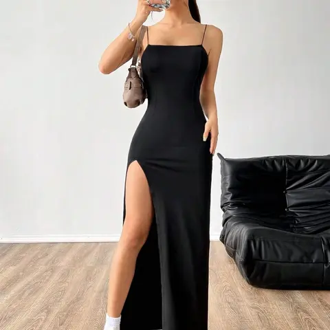 Women's Solid Backless Split Thigh Spaghetti Strap Cami Evening Gown Dress, Elegant Sleeveless Long Dress for Party Club Dating Wear, Ladies Summer Clothes, Womenswear