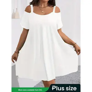 【Plus Size】 Solid Color Cold Shoulder Dress, Casual Short Sleeve Dress for All Seasons, Women's Clothes for Daily Wear