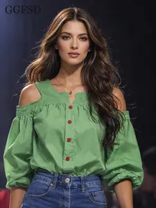 Bubble Sleeve Short Sleeve Shirt for Women, Summer 2026 Trendy Design, Fashionable Shoulderless Top, Blouse, Unique Style
