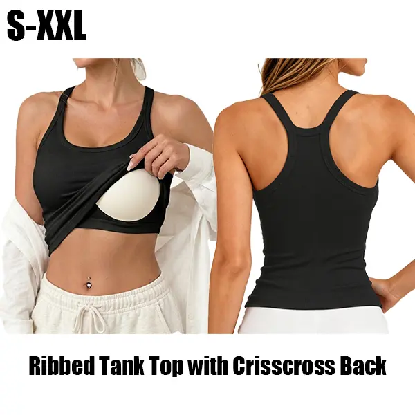 EssElegance  Women All-Scenario Ribbed Racerback Tank Top, Integrated Built-in Bra with Non-Shift Fixed Pads, Wireless Supportive Yoga Workout Camisole, Skin-Friendly Stretch Sleeveless Athletic Tee Everyday Summer Bra Cami