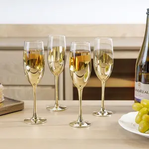Set of 4, Brass Tone Metallic Plated Stemmed Champagne Flutes, Sparkling Wine Stemware, Toast Glasses with Angled Design