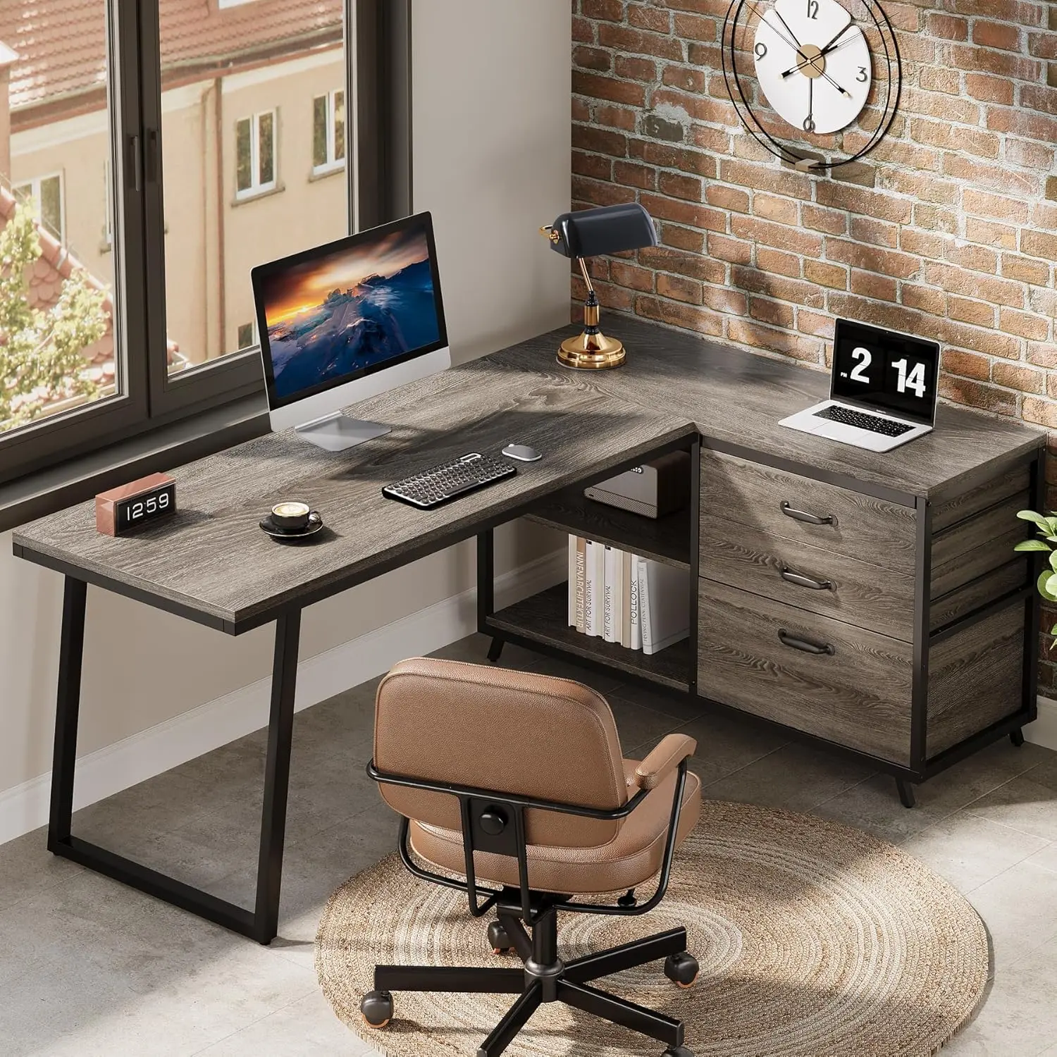 LITTLE TREE 53" L Shaped Office Desk, Reversible Corner Computer Desk with 3 File Drawers and 2 Storage Shelves for Home Office, Study, Gaming Room
