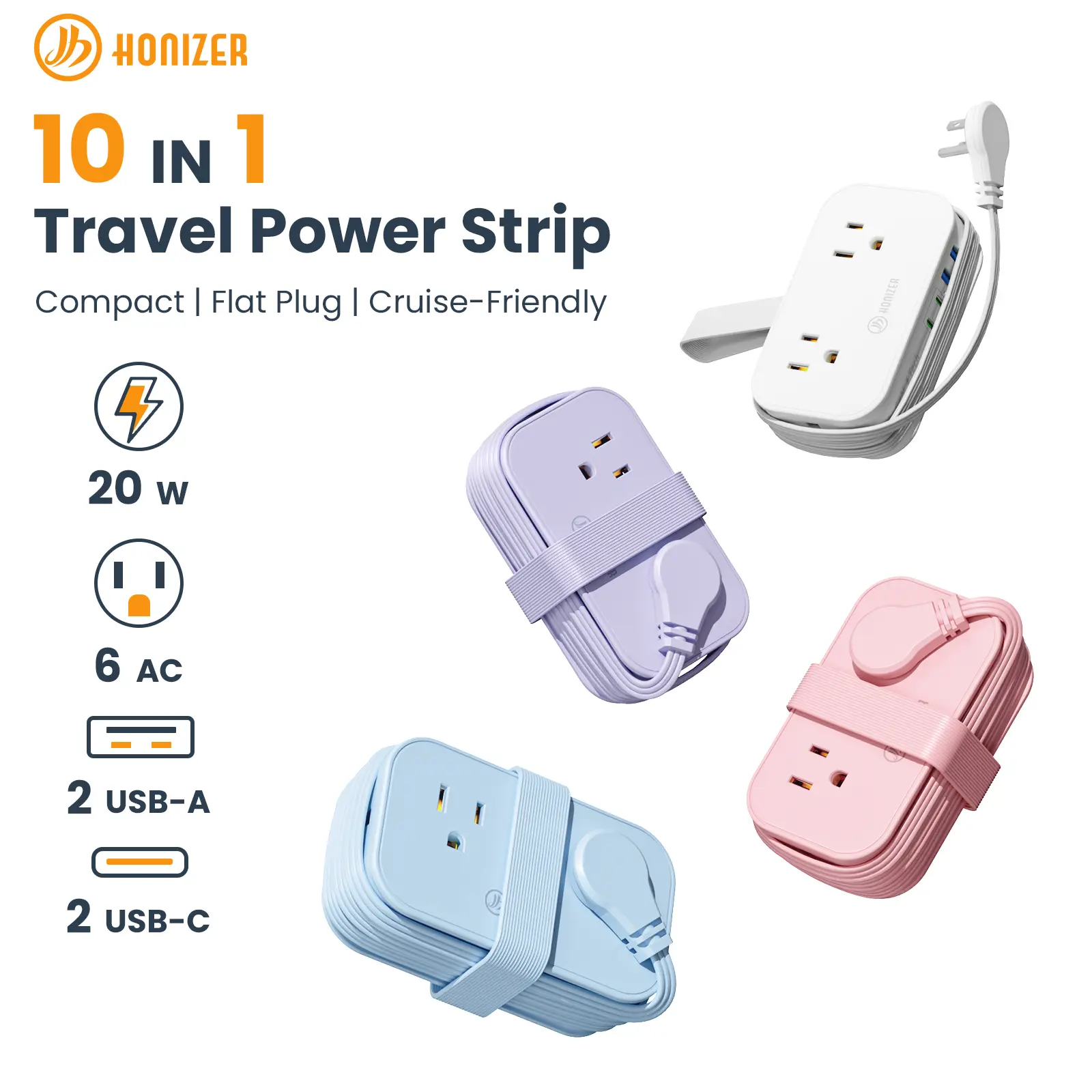 [NEW] HONIZER 10 in 1 Cruise Approved Travel Power Strip, No Surge, 20W USB-C Fast Charging, 6 Outlets, 2 USB-C & 2 USB-A, Compact Flat Plug Extension Cord with 4ft Wrapped Cord for Hotel, Cruise & Vacation
