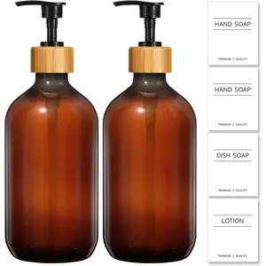 Amber Soap Dispenser Plastic, Brown Dish Soap Dispenser with Bamboo Pump for Kitchen,17 Fl Oz Hand and Dish Dispenser Set for Bathroom, Farmhouse Liquid Soap and Lotion Dispensers Bottle