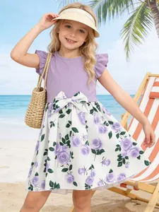 Girls Purple and White Color Block Dress Ribbed Ruffle Flutter Sleeves Large Waist Bow Accent Purple Rose Floral Print Fit Flare Dress