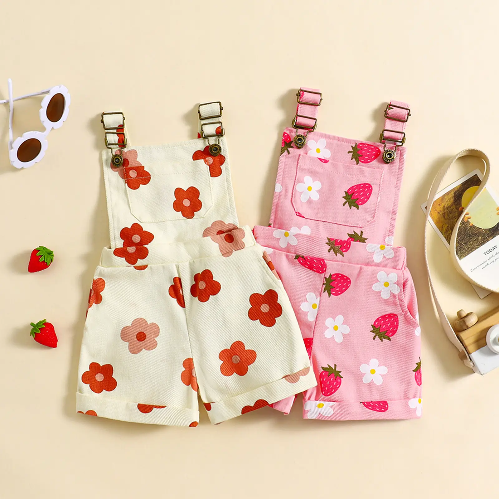 Little Girl Denim Overalls Flower/Strawberry Print Jeans Overalls Strap Suspender Shorts Outfit