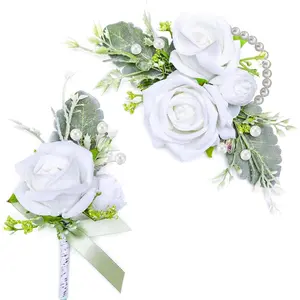 Rose Corsage and Boutonniere Set, 2PCS Handmade Artificial Flower Bride Wrist Corsage Wristlet Bracelets Wristband Men Boutonniere for Wedding Prom Suit Decorations (White)