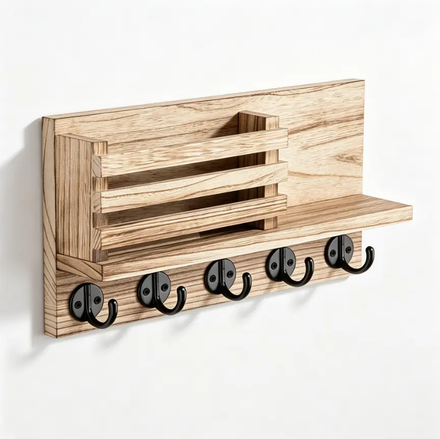 Burnt Wood Wall-Mounted Key and Mail Organizer - Decorative Single-Unit Shelves with 5 Key Hooks, Mail Sorting Rack for Letters, Sunglasses, Small Home Supplies