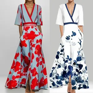 High Quality Beautiful European and American Women's Clothing New fashion Elegant Temperament V-Neck Printed Lace-up Large Hem Dress