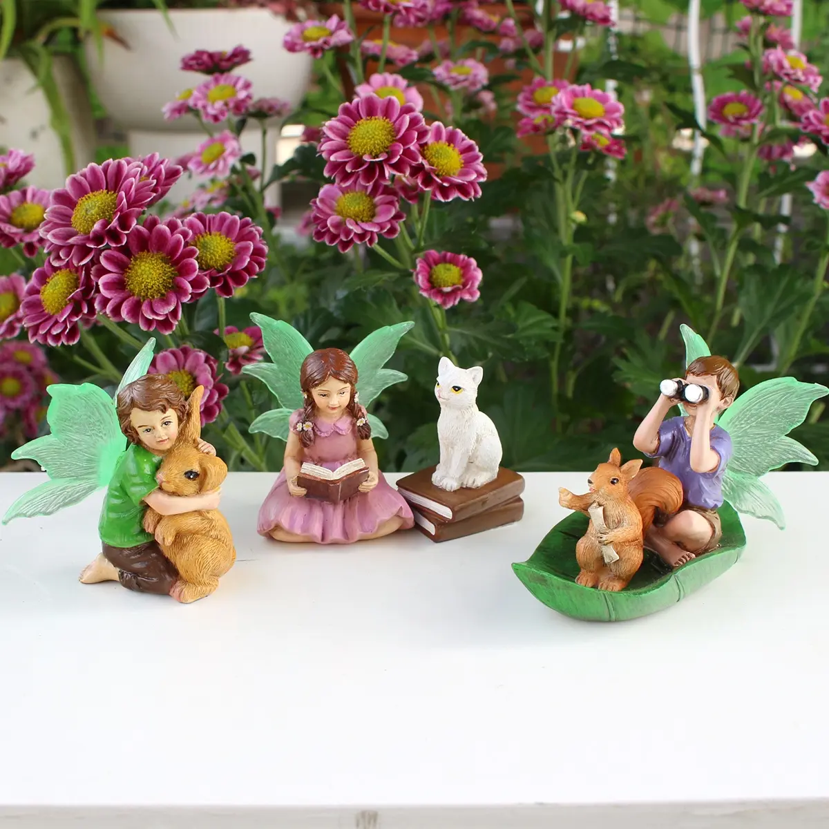 4pcs Miniature Fairy & Pet Resin Decorative Statues, Resin Sculptures, Bonsai Decor, Outdoor Lawn Garden Decoration, Yard Ornament, Pot Plant Accessories, Statue Decorations