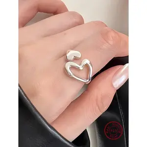 925 Sterling Silver Hollow Out Heart Design Cuff Ring, Heart Shaped Ring, Fashion Open Adjustable Ring Jewelry for Party, Daily Clothing Decor, Trendy All-match & Exquisite Jewelry for Birthday Gift, Heart Cluster Ring