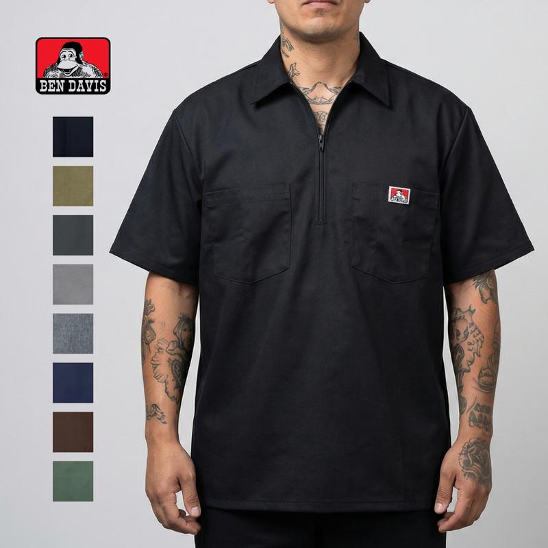 BEN DAVIS 1/2 Zip Shirt Short Sleeve Solid Half-Zip Shirt BENDAVIS Poly/Cotton Blend Plenty Tough Fabric Double Needle Stitch Pencil Slot on Left Pocket
