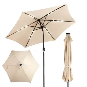9ft Solar Patio Umbrella with LED Lights, Outdoor Market Table Umbrella with Push Button Tilt & Crank, 6 Ribs Waterproof Polyester Deck Umbrella for Garden, Backyard, Pool, Beige portable sunshade shelter
