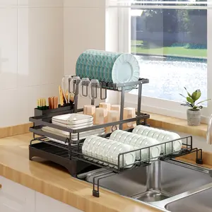 Foldable 2-Tier Dish Drying Rack with ABS & Carbon Steel Construction, Expandable Kitchen Counter Organizer with Drainboard, No More Wet Counter, Space Saving Storage for Dishes & Utensils