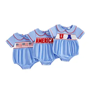 Infant Baby Girl Bubble Romper 4th of July Summer Short Sleeve Doll Collar America Flag Embroidery Patriotic Jumpsuit 0-18 Months