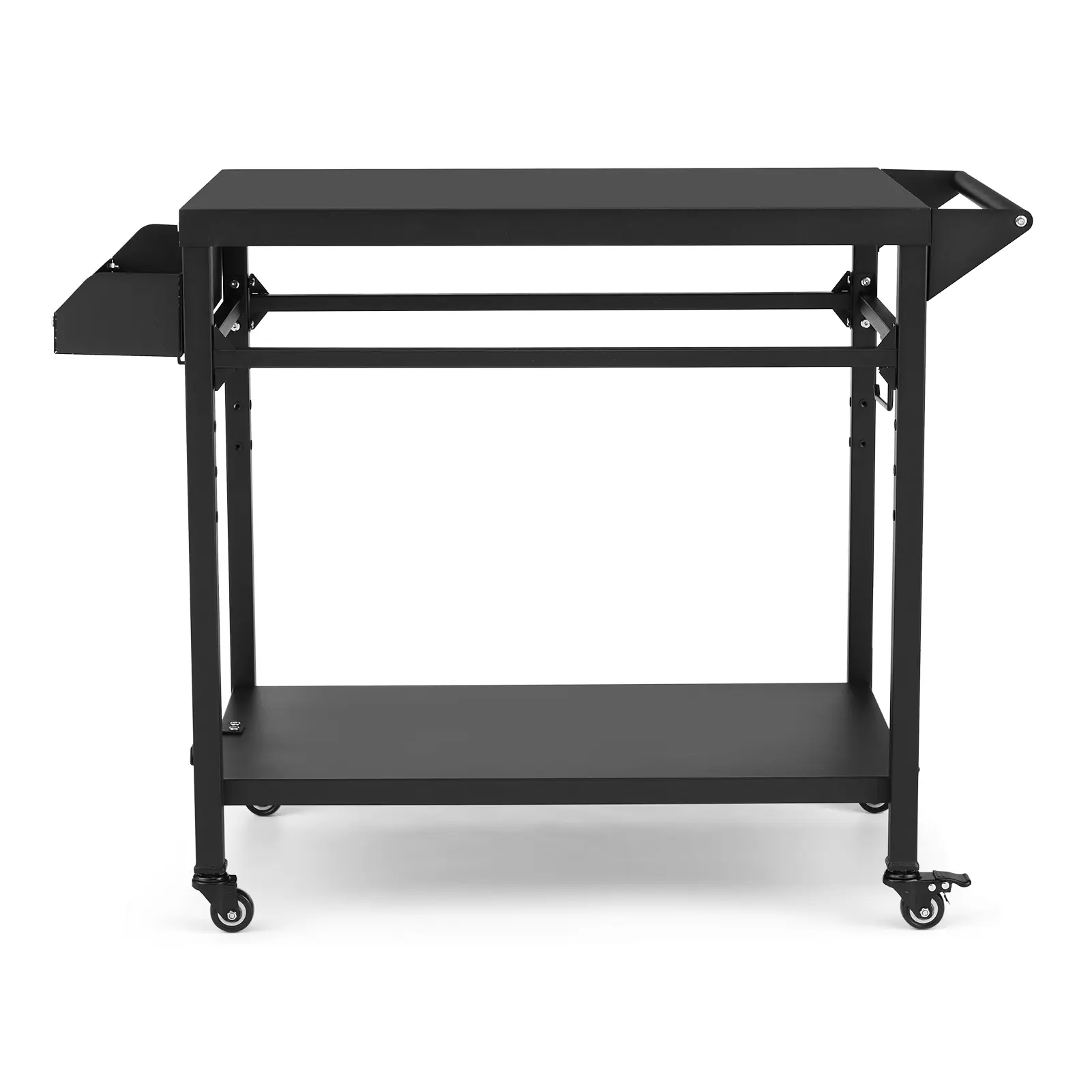Heavy Duty Outdoor Grill Cart with Wheels - Steel BBQ Table & Movable Pizza Oven Stand - Portable Griddle Prep Station with Mesh Racks, Utensil Hooks - For Patio, Camping, Home Party, Bar, Rubber, Adjustable