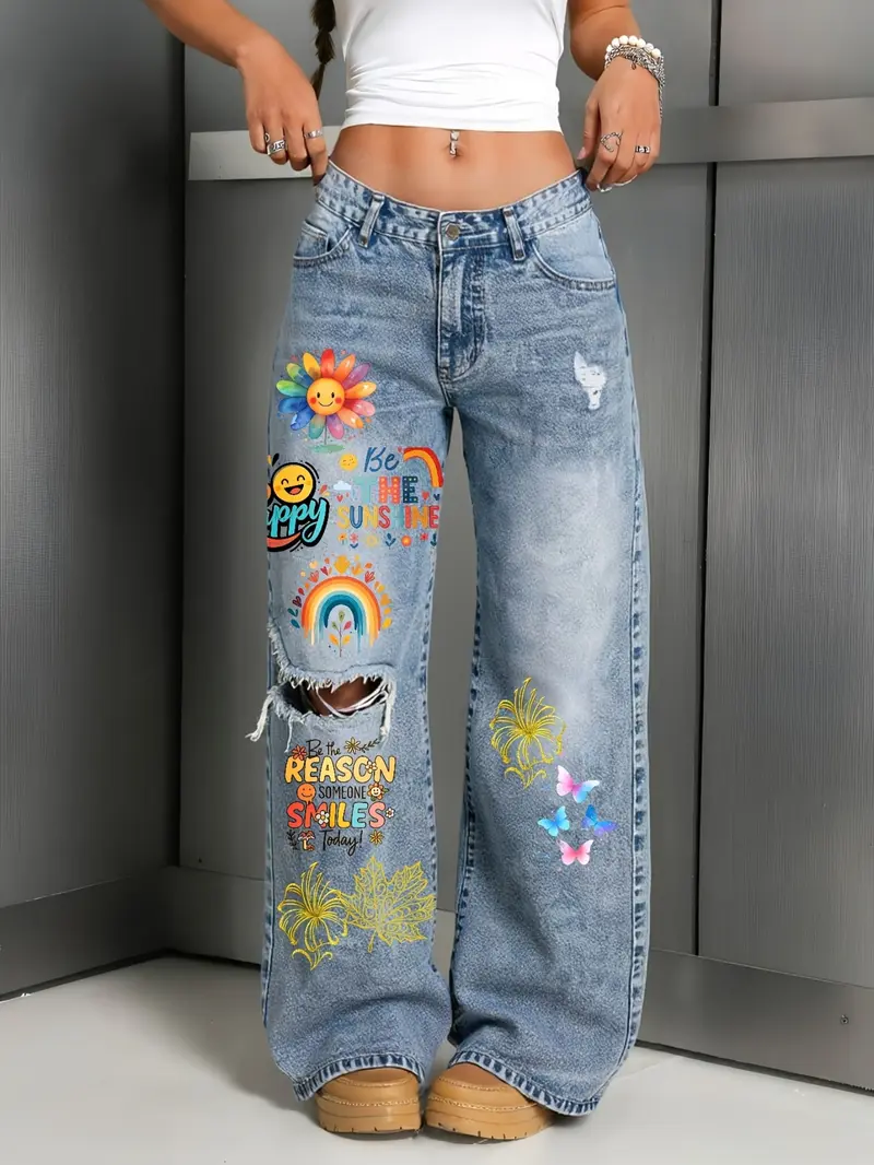 Women's Baggy Wide Leg Distressed Jeans Casual Style - Light Wash Oversized Bottoms with Sunflower Rainbow Smiley Face Cartoon Print, Faded Early 2000s Aesthetic, All Seasons